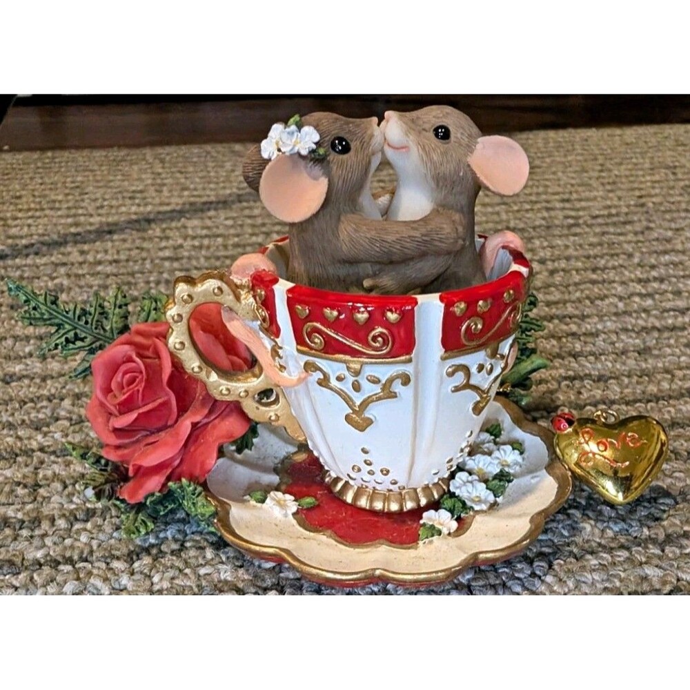 Charming Tails Hand-Painted Resin Mouse Figurine in Teacup – Valentine’s Day